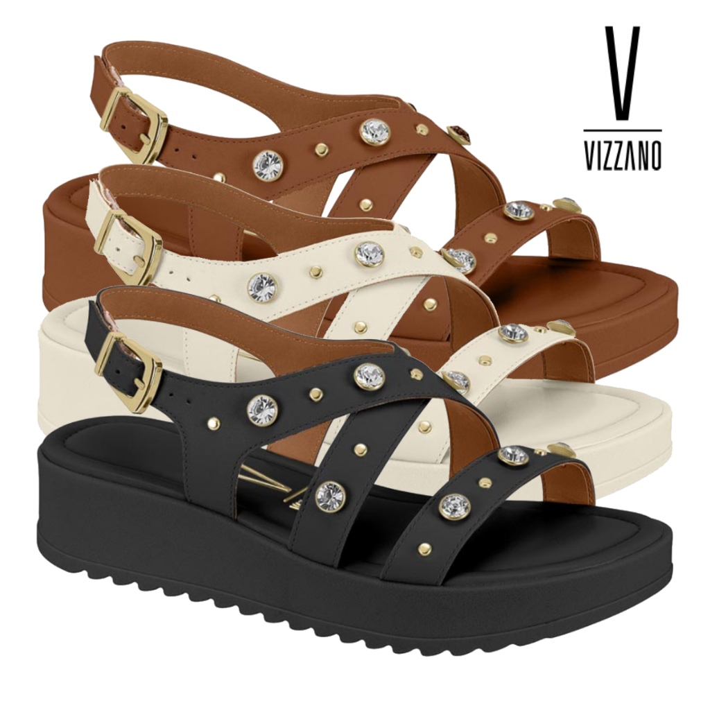 Sandália Feminina Vizzano Casual Salto Flatform Comfy Plataforma Brilho Pedra Confortável Original