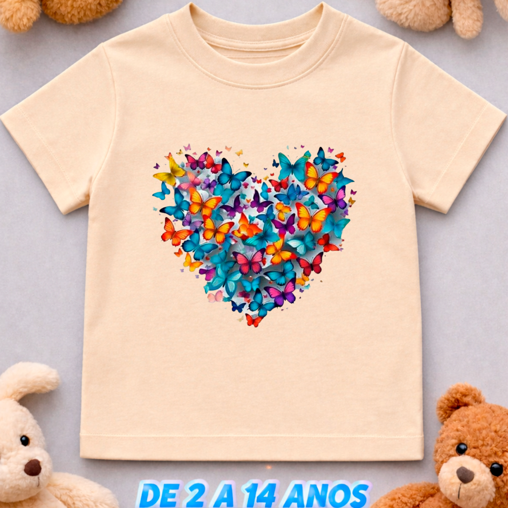 Camiseta Infantil Juvenil Coração Colorido Algodão Conforto Diário Menina Unissex