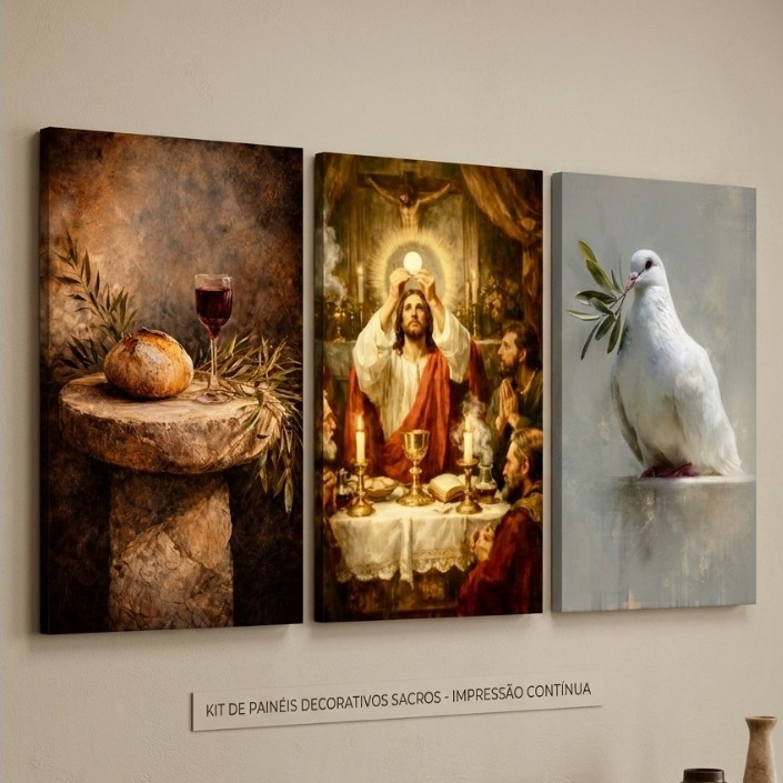 Quadros Decorativos Religiosos Arte Sacra Última Santa Ceia Jesus Cristo Divino Espírito Santo Kit Trio 3 Peças
