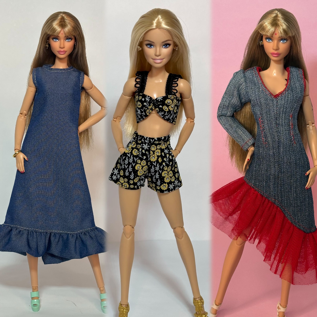 Kit Roupa para Boneca 3 Looks Vestido Jeans + Conjunto Estampado Roupa Fashion Boneca