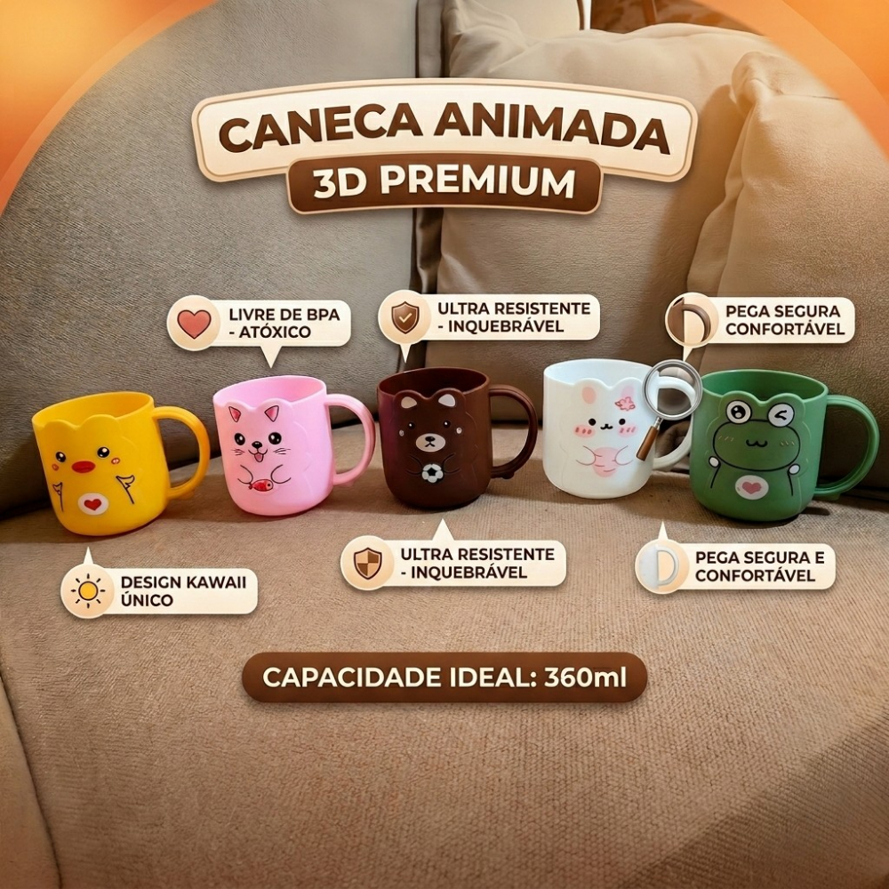Caneca 3D Divertida Bichinhos 360ml Copo Infantil Resistente Premium Criança Presente Criativo