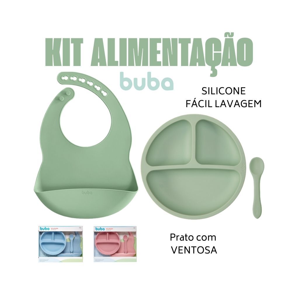 Prato com ventosa colher e babador de silicone kit alimentação BUBA