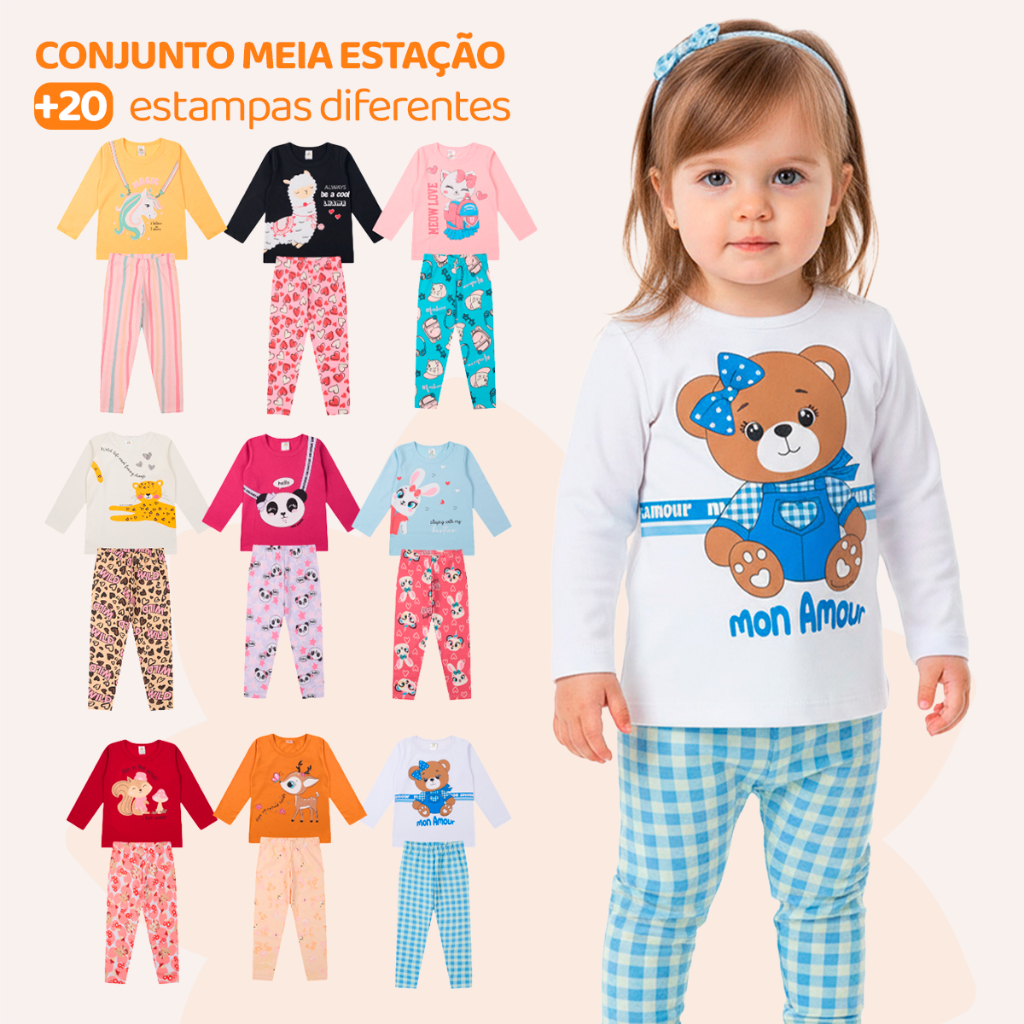 Kit Sortido 2, 4 ou 6 Peças de Roupas Feminino Infantil Menina Inverno e Meia estação Frio Blusa Manga Longa e Legging em Oferta na Shopee