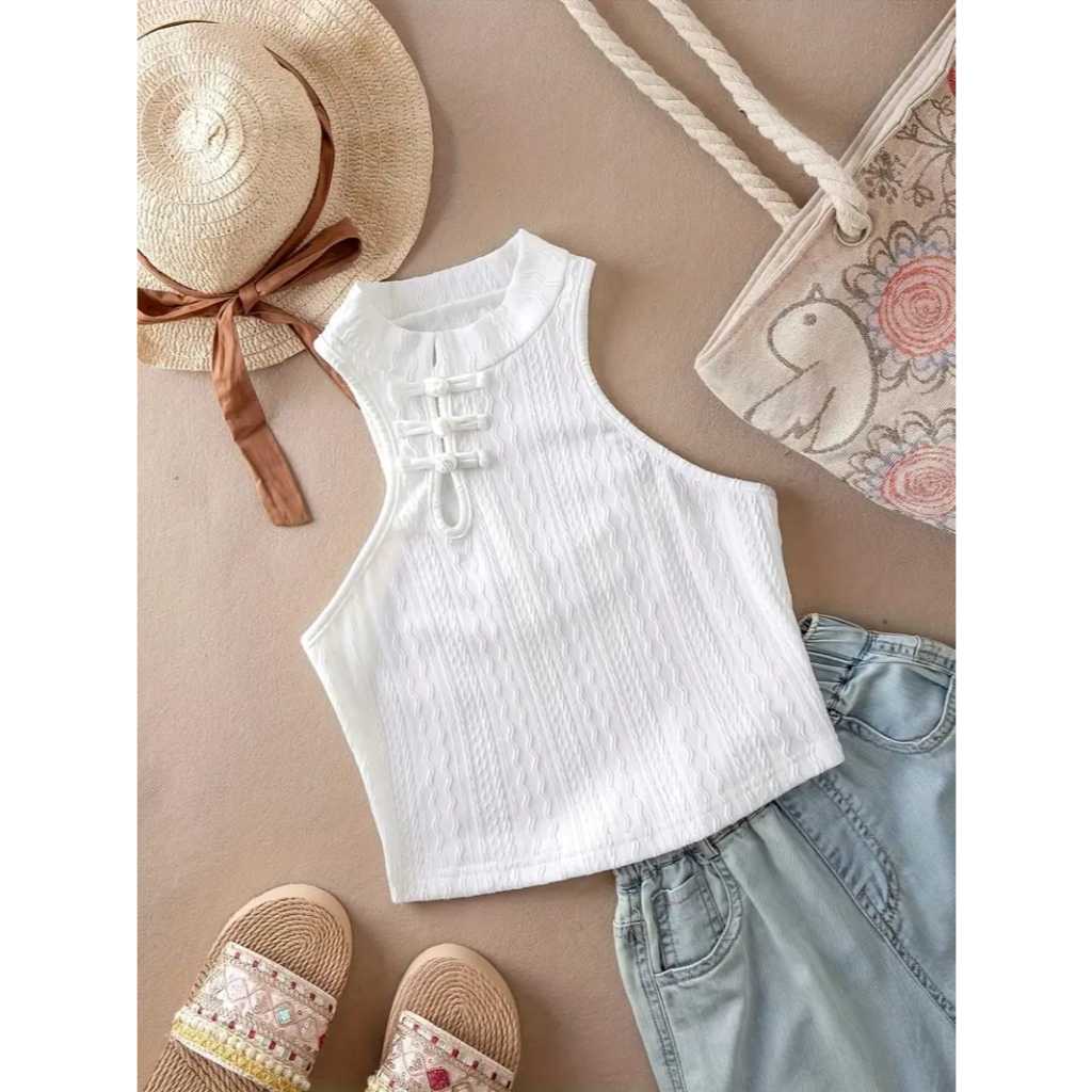Cropped Halter Branco Canelado Gola Alta Feminino tamanho P
