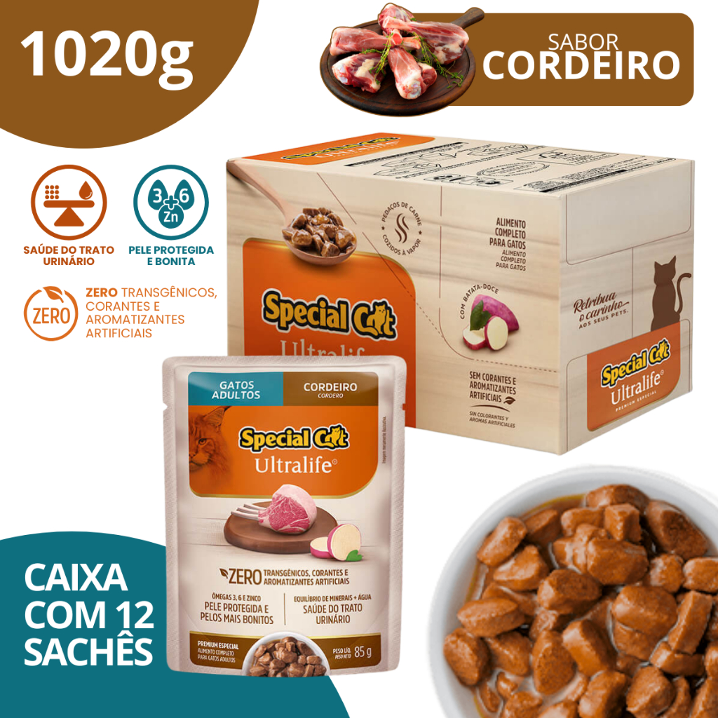 Caixa 12 Special Cat Ultralife Sachê Adultos Sabor Cordeiro - 85g em Oferta na Shopee