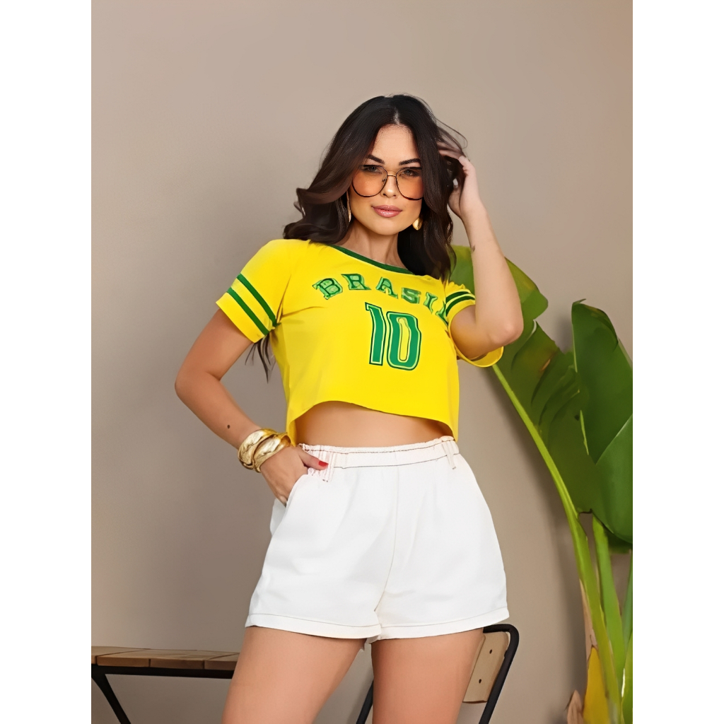 Camisa camiseta Cropped Feminina selecao Brasileira Brasil amarela Algodao Promocao