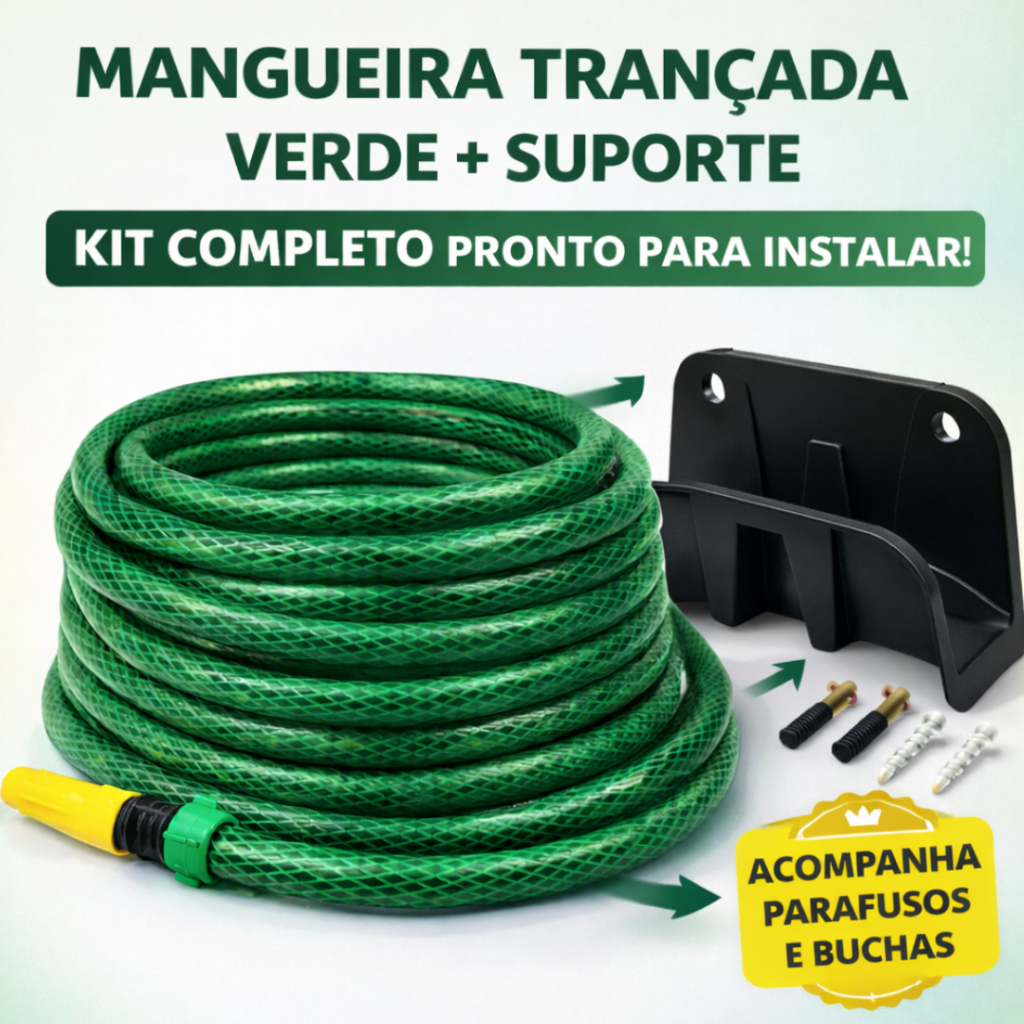 Mangueira de Jardim Trançada Verde Reforçada + Suporte Parede Kit Completo Alta Pressão Anti Torção