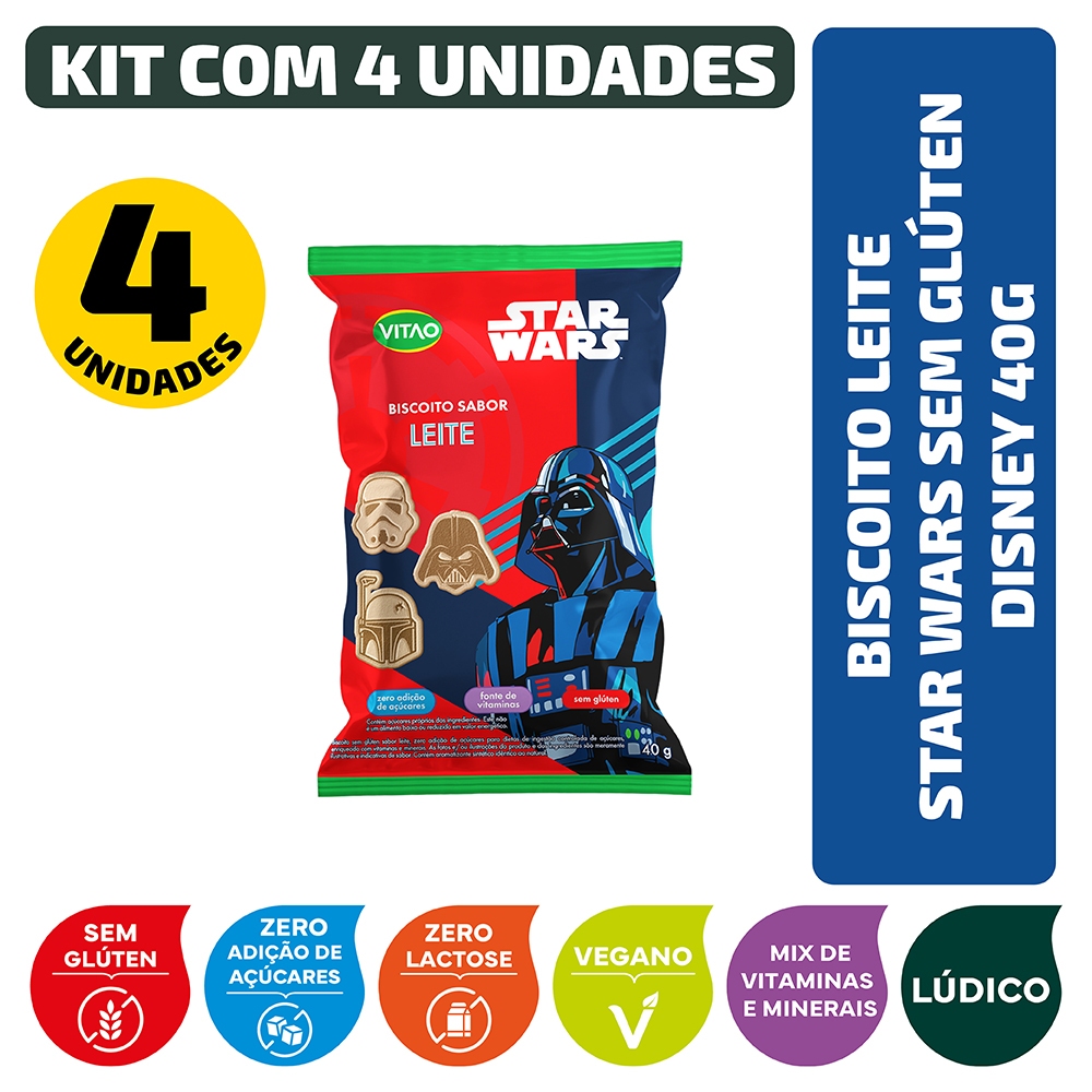 Biscoito Leite Star Wars Sem Glúten Vegano Disney 40g - Kit 4 unidades