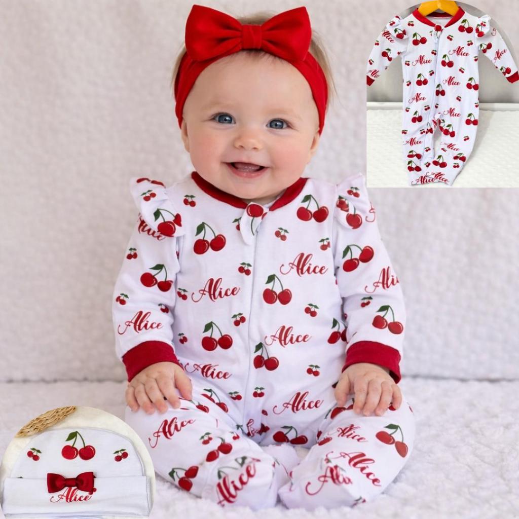 Macacão Bebê RN Personalizado com o nome | Macacão Bebê Menina| Macacão RN com Touca ou Kit Completo