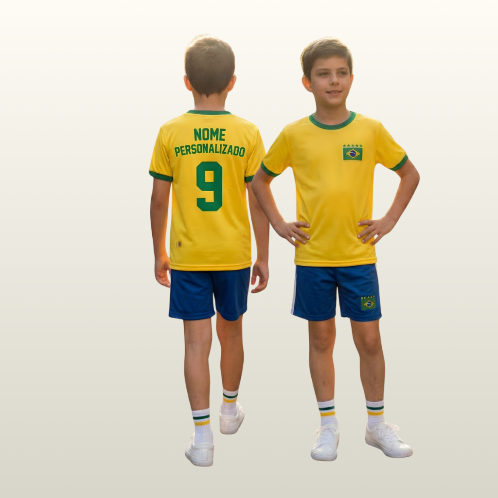 Conjunto Infantil Futebol Seleção Brasileira Camisa E Short Brasil Nome Personalizado