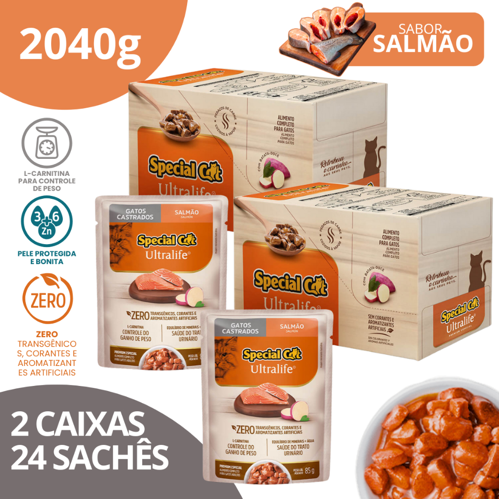 Kit 2 Caixa 12 Sachê Special Cat Ultralife Castrados Sabor Salmão - 85g