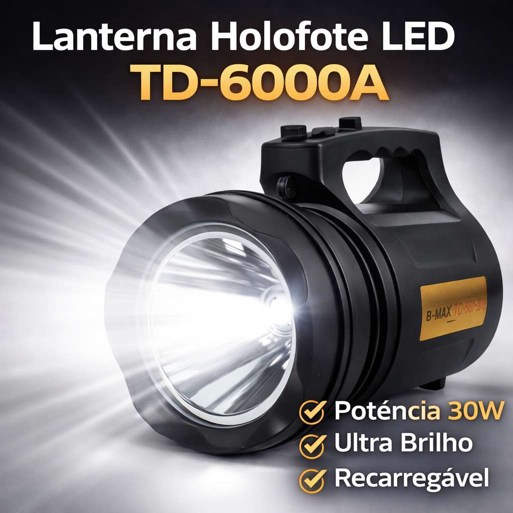T6 LANTERNA BIVOLT - Holofote LED PRETO 30W Recarregável Pesca Trilha Camping - TD-6000A