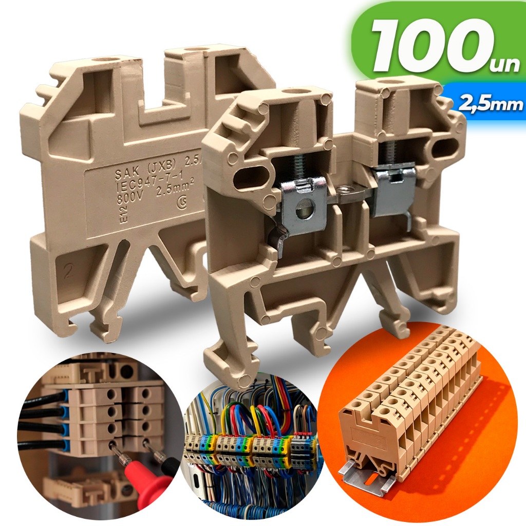 Kit 100 Conector Borne Sak 2,5mm Bege Conector Borne de Passagem Elétrico Fixação Trilho Din Atacado