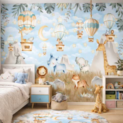 Papel de Parede Safari Azul Painel Adesivo Tema Infantil Menino Animais Fofos para Quarto de Bebê