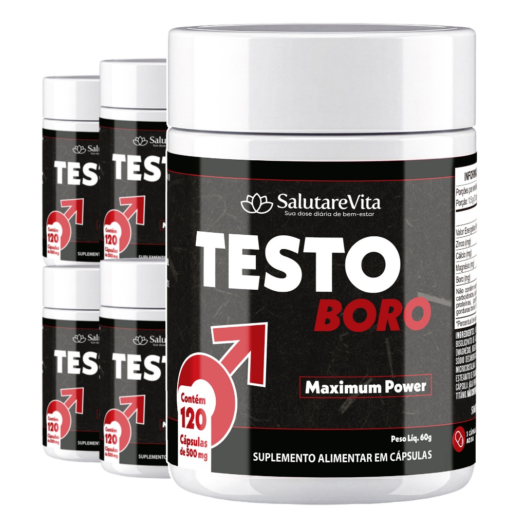 5x Testo Boro 120caps 500mg Suplemento c/ Magnesio Zinco Calcio Boro Formula Concentrada Sem Glúten