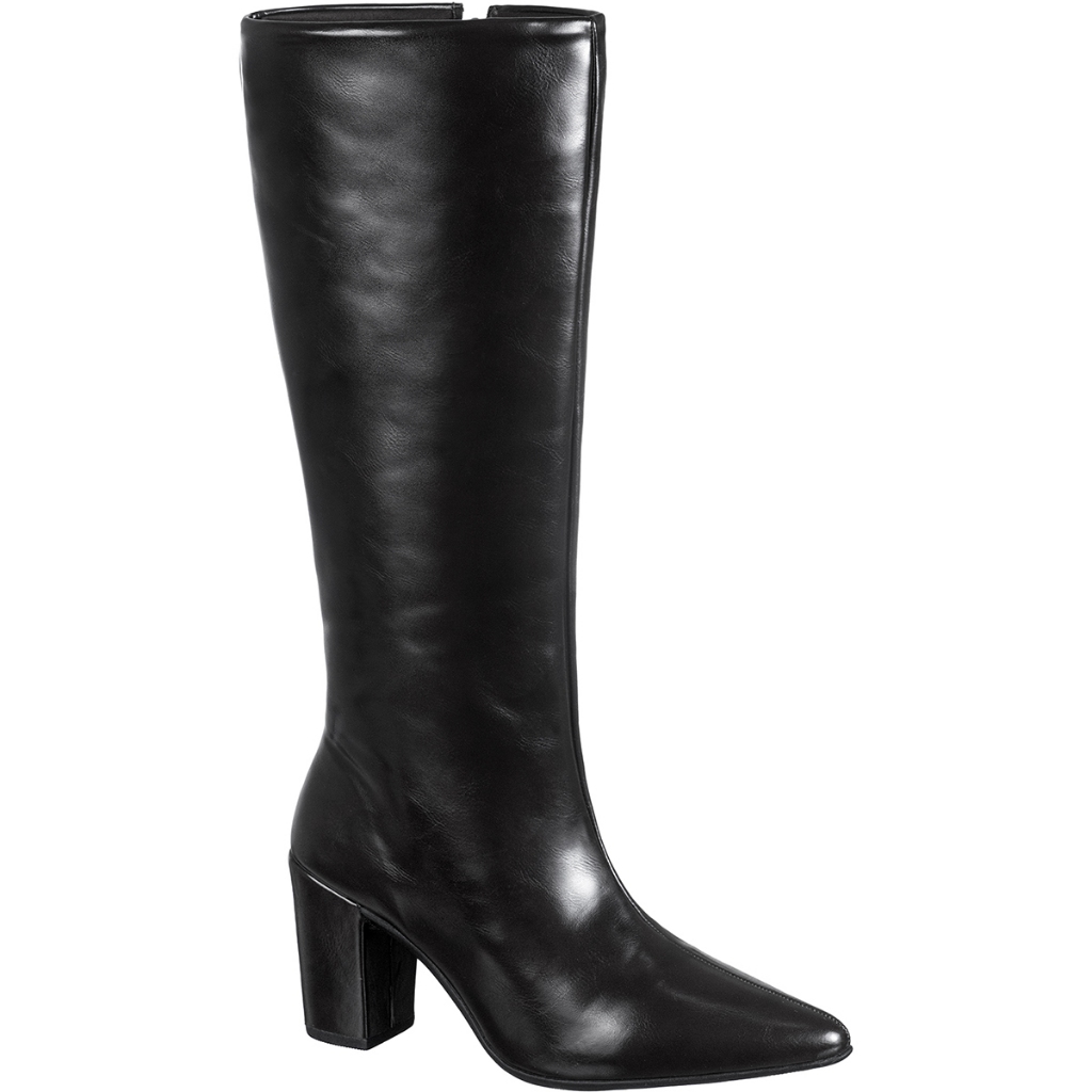 Bota Feminina Cano Longo Alto Liso Bico Fino Salto Bloco Médio Zíper Lateral Clássica Elegante Marina GiGiL