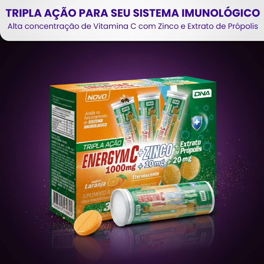 Vitamina C 1000mg Efervescente Zinco Própolis EnergyM Imunidade 30 Comprimidos - DNA Suplementos