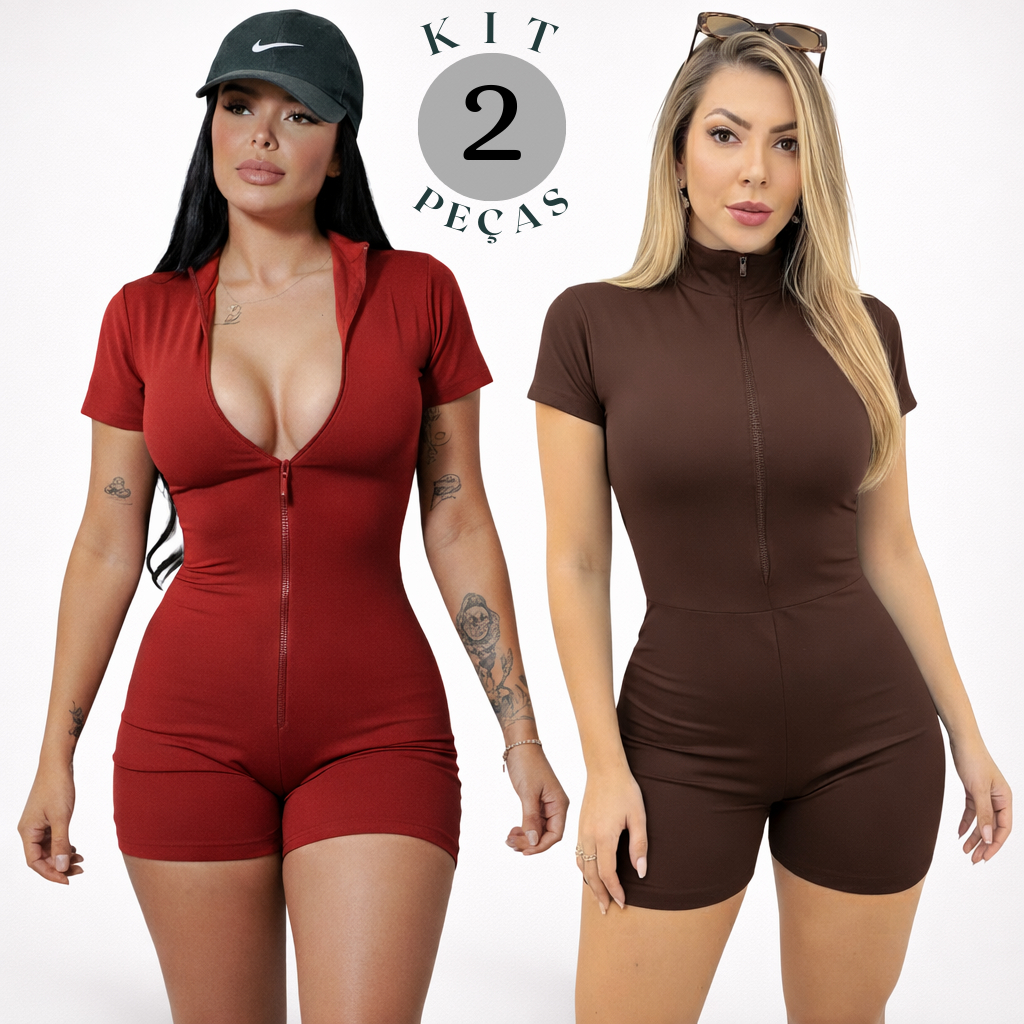 Kit 2 Macaquinho Feminino Moda Gringa Macacão Fitness Gringo Shorts Curto Manga Curta Ziper