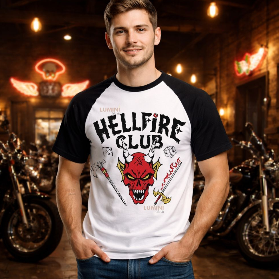 Camiseta RAGLAN Unissex, Hellfire CLUB, moda casual, série, personalizada, moda masculina, moda feminina