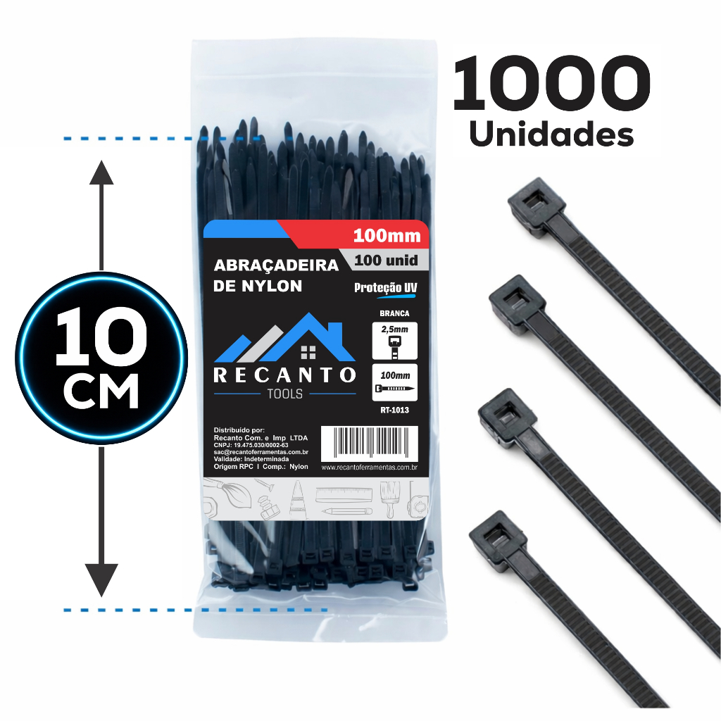 1000 Abraçadeira de Nylon 10cm Cintas Plásticas Enforca Gato Braçadeira - Preta | Branca