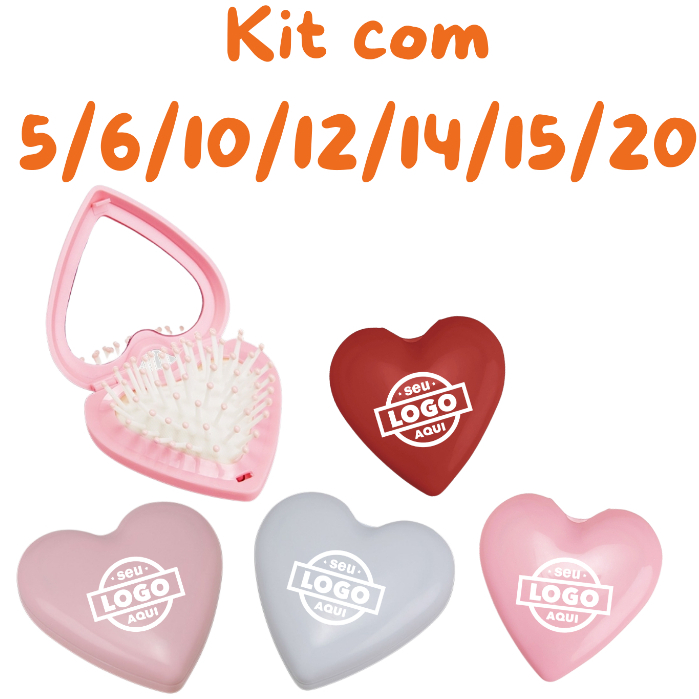 Kits 5-20 de escova com espelho dia das mães mês da mulher mimo formato de coração personalize como quiser