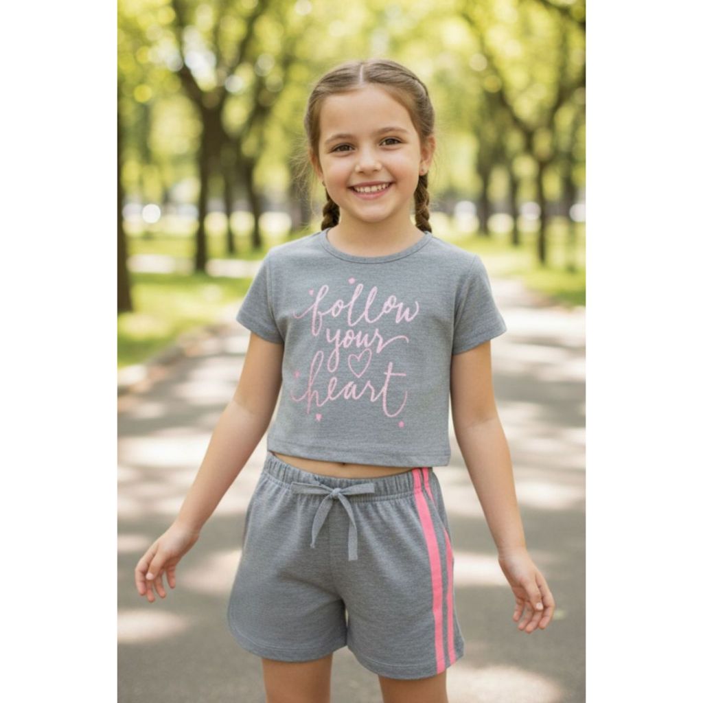 Conjunto Cropped Infantil Juvenil Roupa Menina Blusa Meia Malha Shorts Casual Tam 4 ao 14