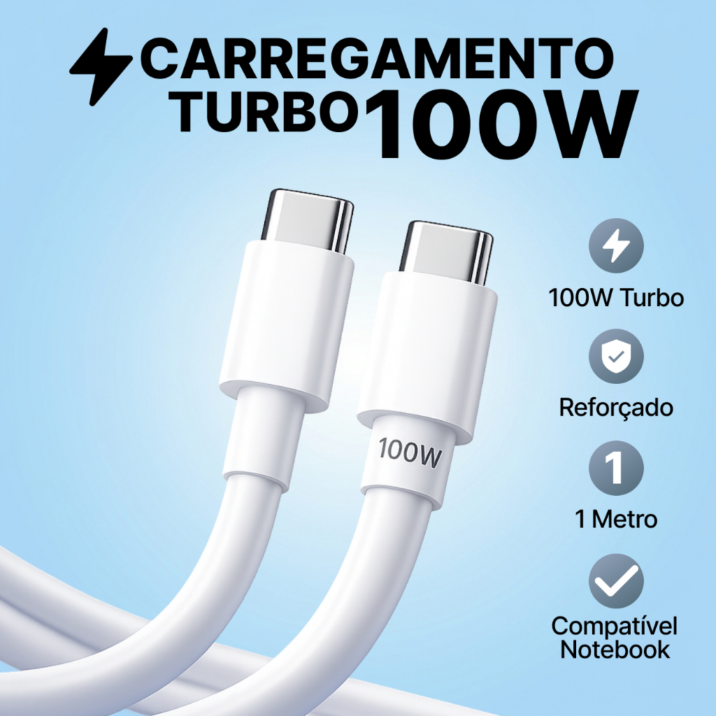 Cabo USB-C para USB-C 100W Turbo Power Delivery Notebook MacBook para iPhone 15 16 17 Samsung 1 M