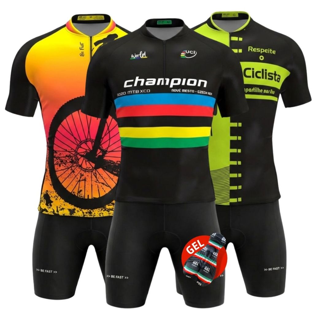 Conjunto Masculino Ciclismo Camisa Camiseta Ciclistas Zíper Parcial Bermuda Short Forro Gel Pedal em Oferta na Shopee