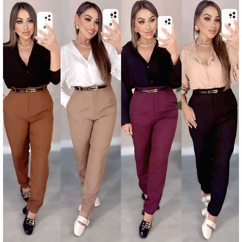CALÇA ALFAIATARIA FEMININA COM CINTO CINTURA ALTA SHAPE ELEGANTE em Oferta na Shopee