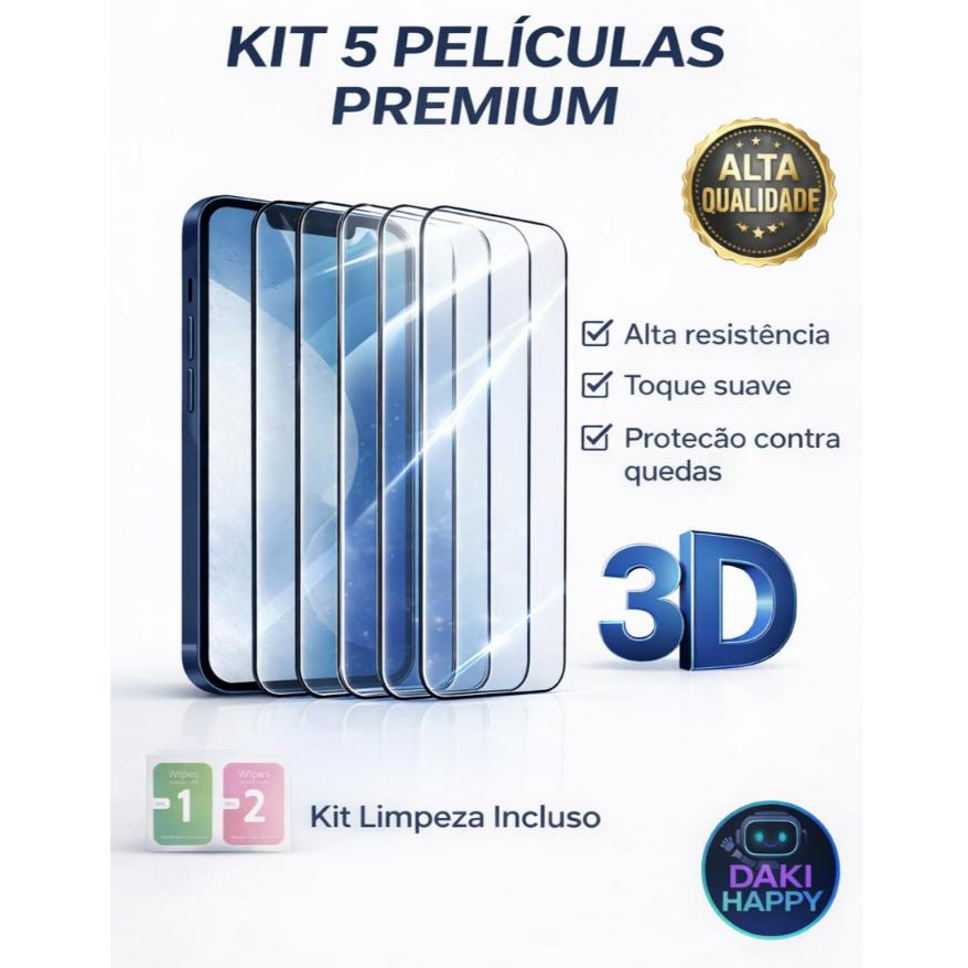 Kit 5 Película de Vidro Temperado 3D 9H Peliculas iPhone 11 12 13 14 15 16 17 Air Pro Max Plus
