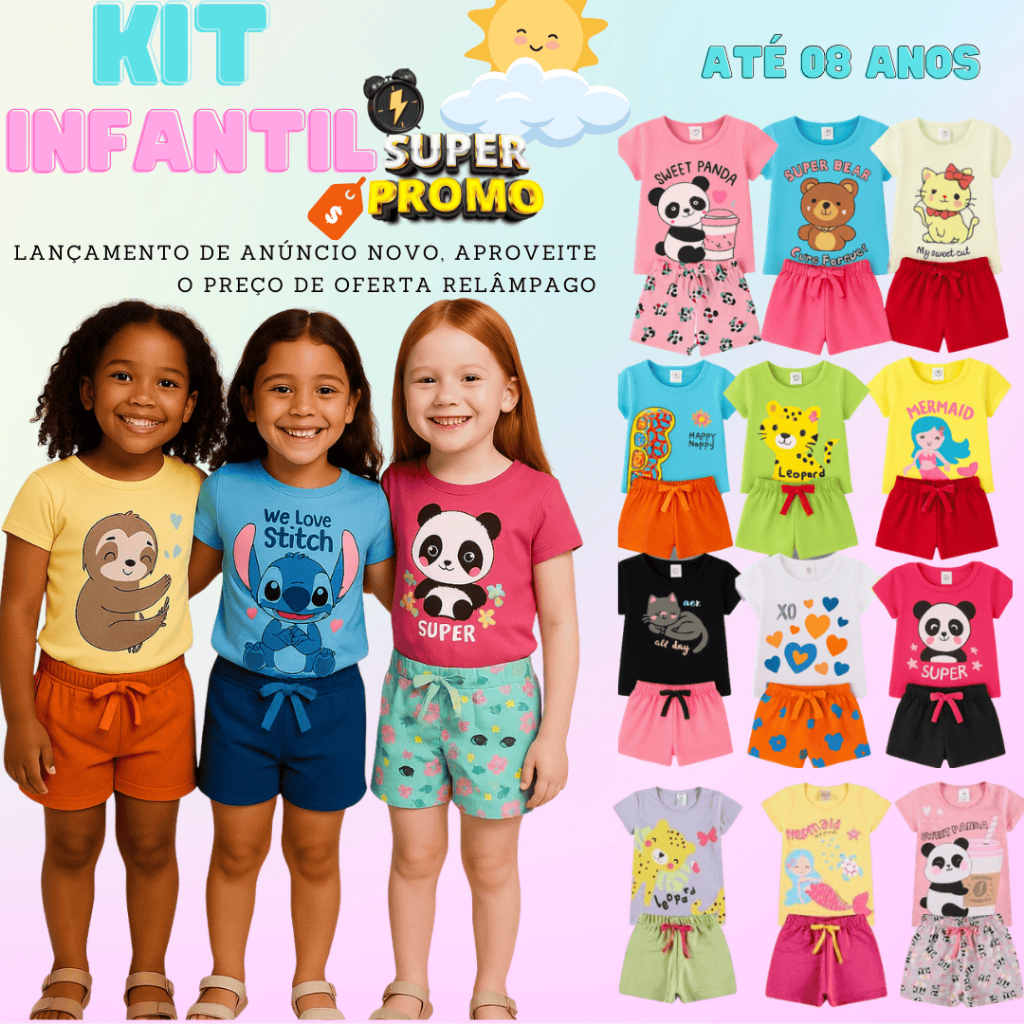 Kit 2/4/6 peças Conjunto Roupa Infantil Menina Verão Look Estiloso Criança Bebê Algodão em Oferta na Shopee