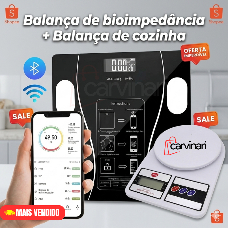 Kit 2 Balanças Digital Cozinha e Bioimpedância Para Dieta e Nutrição Fitness