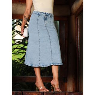 Saia Midi Jeans Evasê Rodada Sarja Modesta Culto Igreja Escritório em Oferta na Shopee