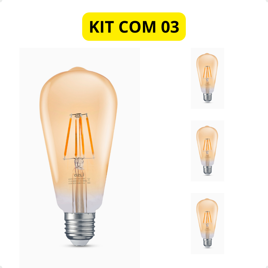 kit 3 lâmpadas led retrô filamento st64 4w luz âmbar 2300k e27 bivolt em Oferta na Shopee