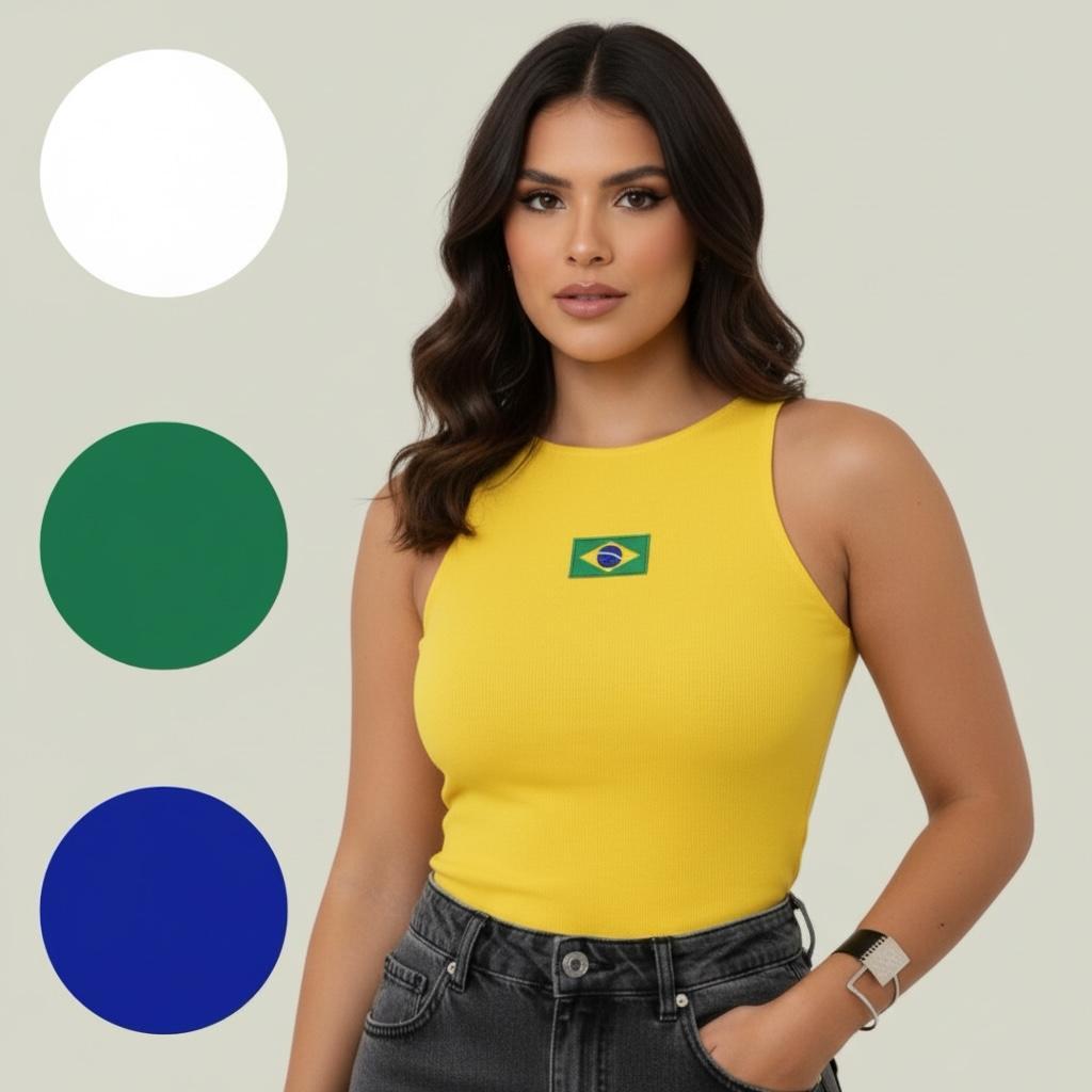 Regata Blusa Feminina Básica Suplex Malha Copa do Mundo 2026 Brasil Estampa DTF Confortável Elastano