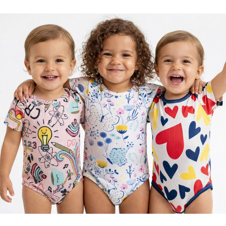 Kit Body Bebê 3 Peças Estampada| Body Infantil Ribana Canelada Confortável