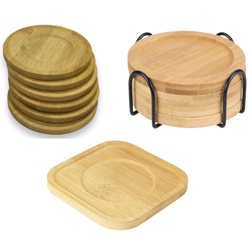 Jogo Porta Copos Descanso Redondo Premium 6 Unidades Bambu P/ Pires Xícara Copo 10 Cm Mesa Posta Cantinho do Café Suco