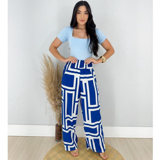 Calça Pantalona Feminina Cintura Alta Com Bolso Calça Elegante Calça Estampada Calça Wide Leg