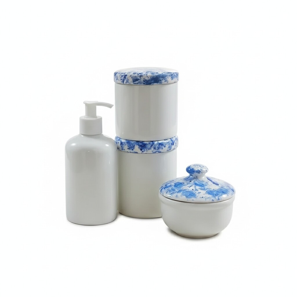 Kit higiene bebê 4 peças Tampa Porcelana Azul Porta álcool e Potes Porcelana ,VAI AO FORNO E MICRO ONDAS