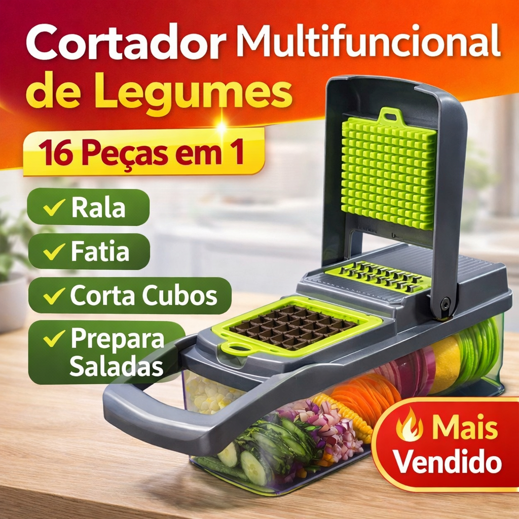 Cortador 16 em 1 Multifuncional de Legumes e Frutas | Fatiador com Lâminas Intercambiáveis