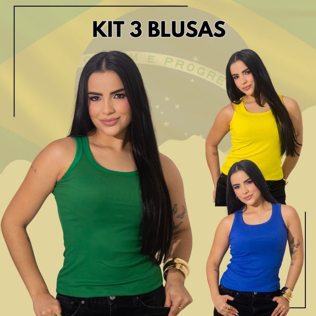 Kit Com 3 Regatas Femininas Algodão Premium Cores Seleção Brasileira Combo Verão Canelada