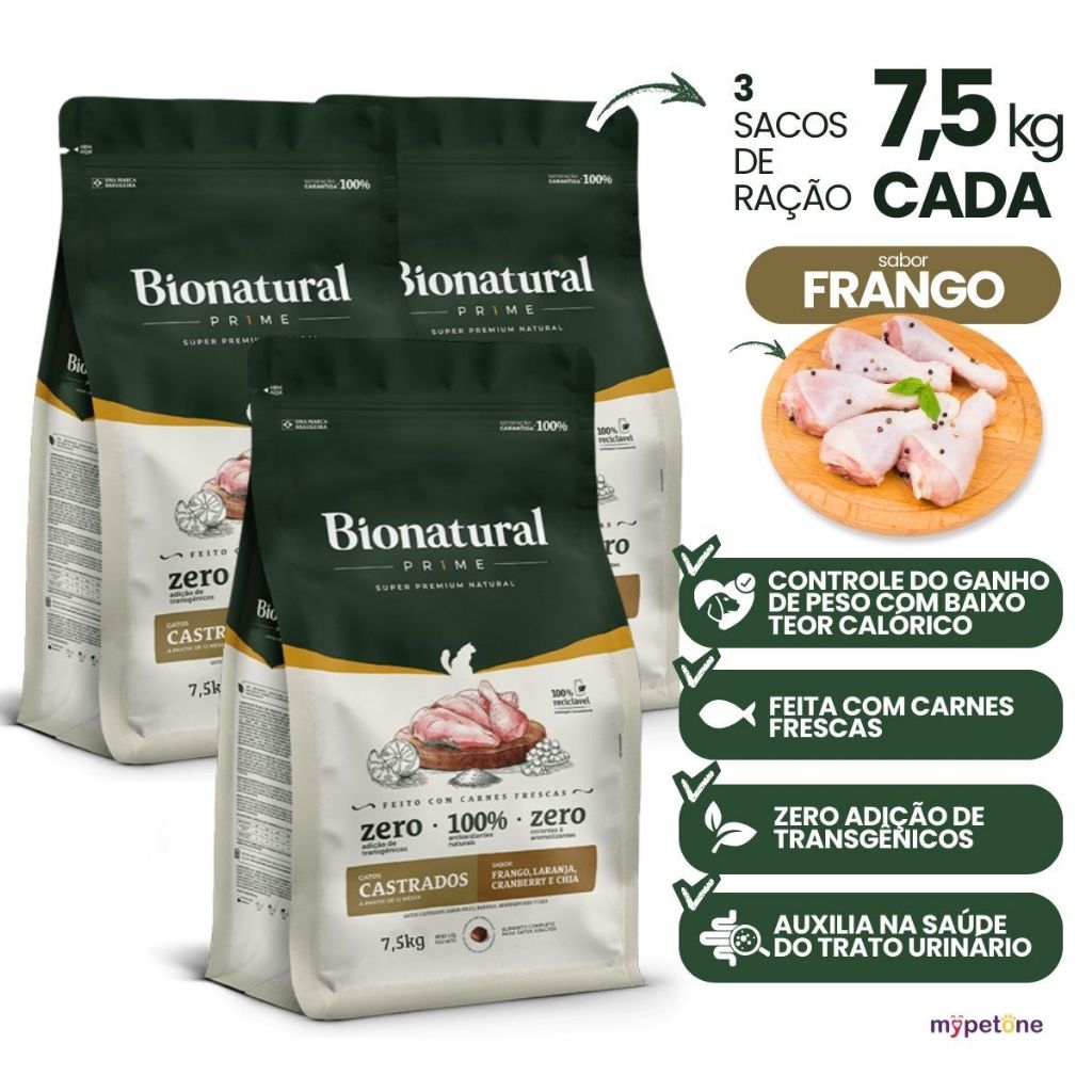 3 Ração Bionatural para Gatos Castrados Sabor Frango 7,5kg – Nutrição Completa Premium