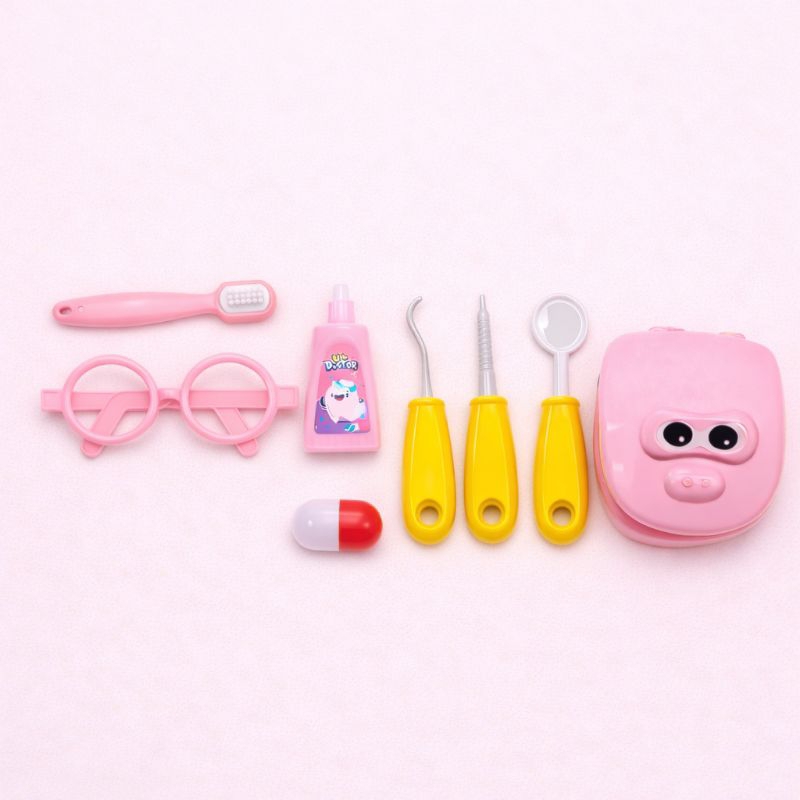 Kit Dentista Infantil Rosa 3 Unidades Completo – Aprenda Brincando com 8 Acessórios