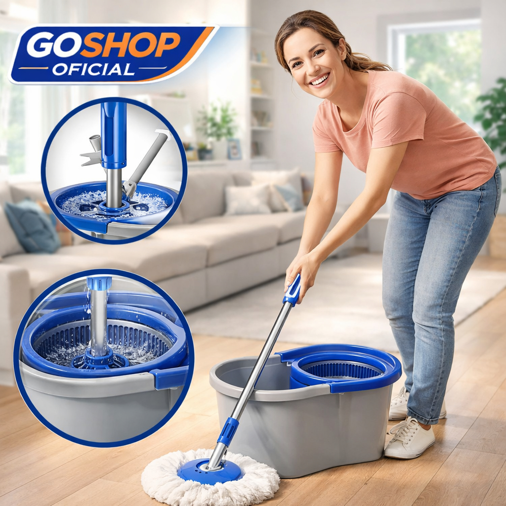Mop Giratório 360 Balde Duplo 8L Esfregão Limpeza Pesada Centrifugador com Refil Microfibra Seca e Limpa  Balde Sortido