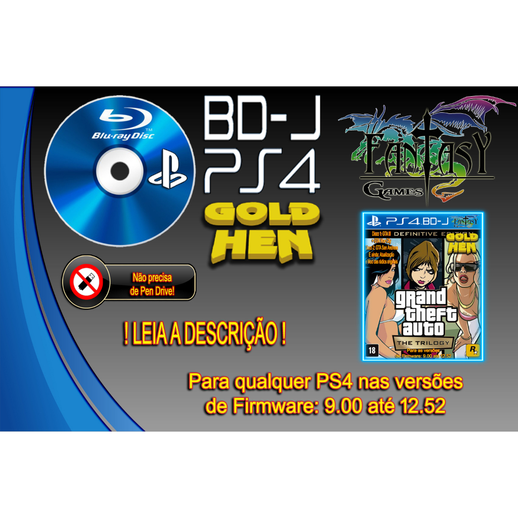 Disco Desbloqueio PS4 BD-J !ATUALIZADO! FW9.00-12.52 GTA Grand Theft Auto Trilogy Definitive Lapse Poops Gezine Blu-ray