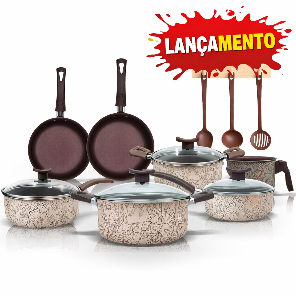 Imagem Jogo de Panelas Antiaderente 10 Peças - Com Tampas de Vidro e Utensílios, Cabos Térmicos