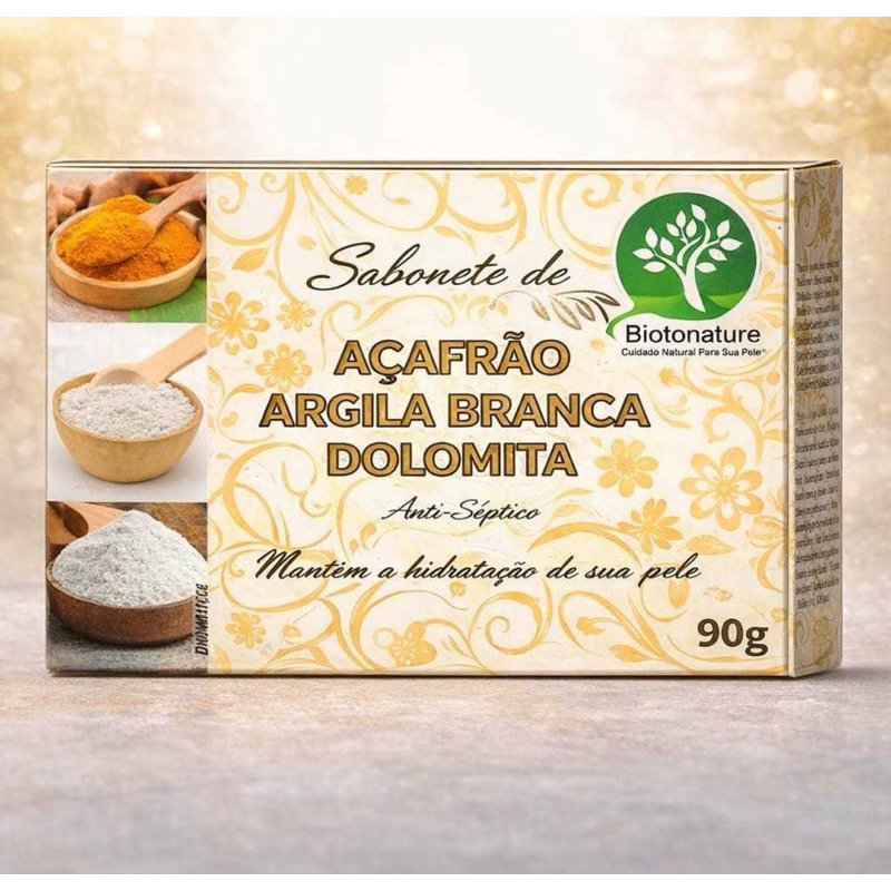 Kit 3 Sabonetes Açafrão Argila Branca Dolomita 90g Limpeza e Cuidado Natural