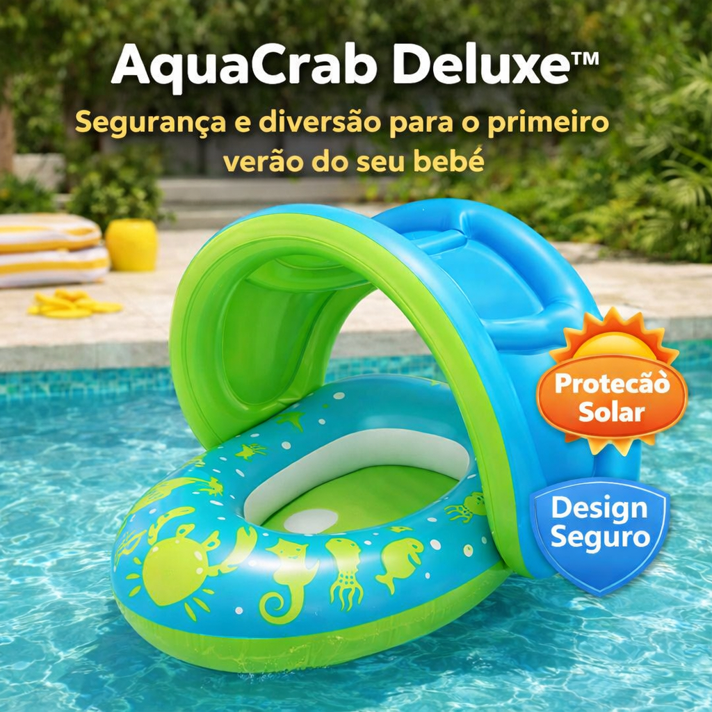 Boia Infantil com Cobertura AquaCrab Deluxe™ Bote Bebê Piscina Seguro Proteção Solar Design Caranguejo