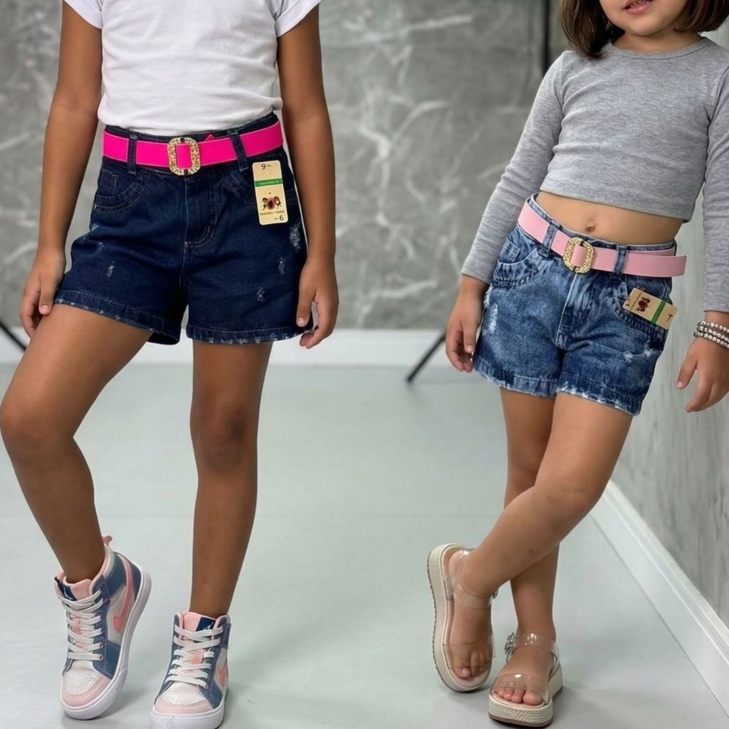 Short Jeans Infantil Menina Rasgadinha Destroyed com Cinto Rosa Colorido