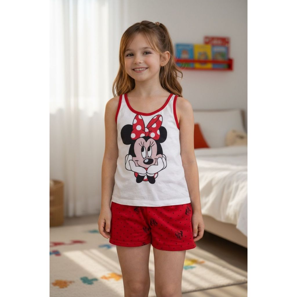 Pijama Short Dool Infantil Feminino Camiseta Minnie Baby Doll Verão Regata
